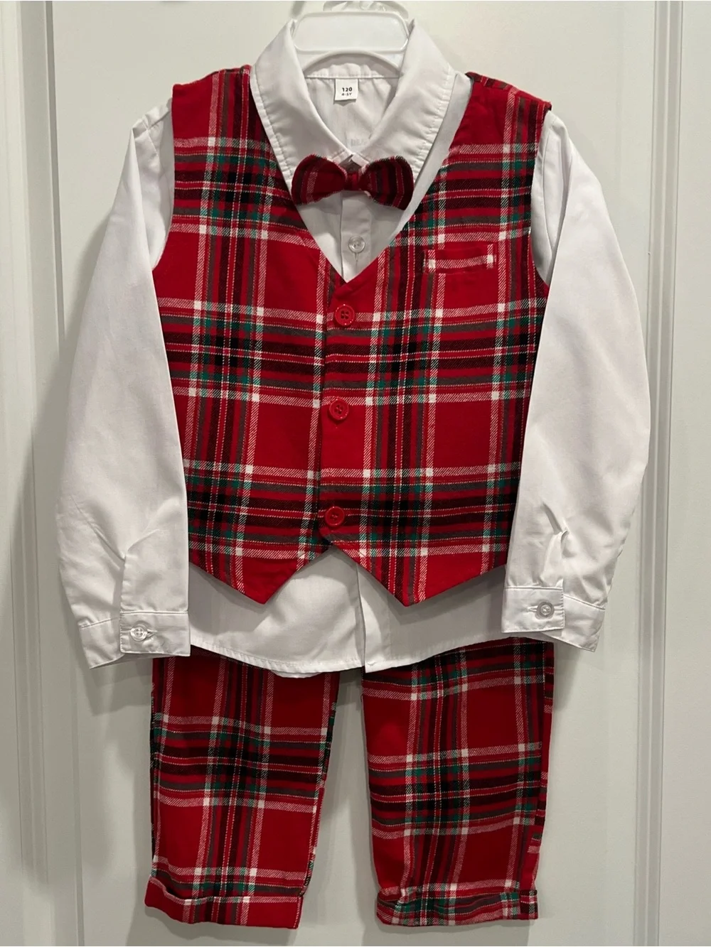 Classic Red Plaid Boys' Vest Set with Bow Tie and White Shirt 4-5Y